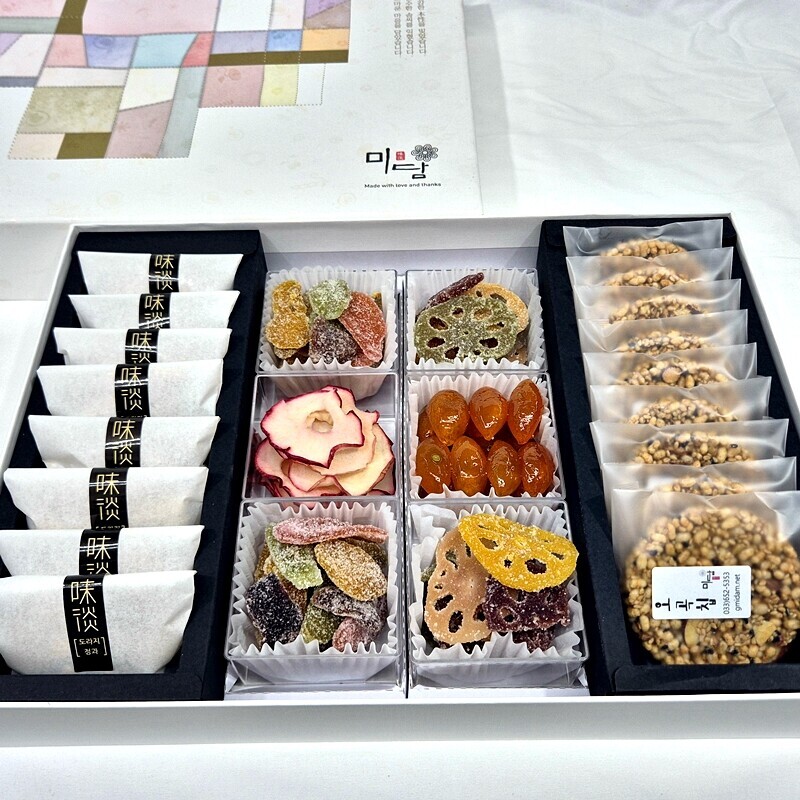 미담몰,강릉미담 (종합26-정과셑&오곡칩) 콩고물도라지정과,생강금귤연근사과정과,생강청,오곡칩, 맛과 멋과 품위있는 추석 설 명절선물 부모님 시댁